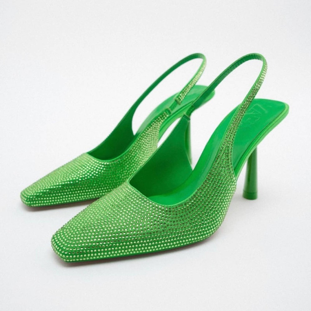 ZARA RHINESTONE SLINGBACK HEELS GREEN